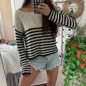 Ivory & Black Striped Cozy Loose Knit Sweater Medium